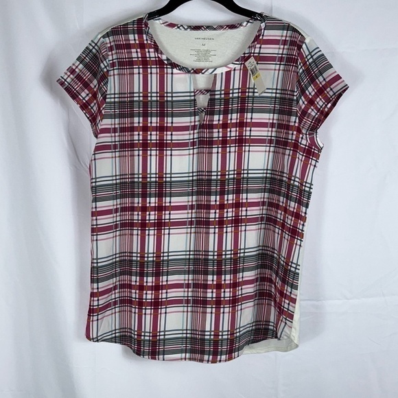 Van Heusen Blouse Short Cap Sleeve Scoop neck V-Cut out Plaid Striped Casual Top - Picture 4 of 9